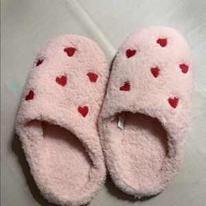 Pink Fuzzy Slippers with Red Hearts